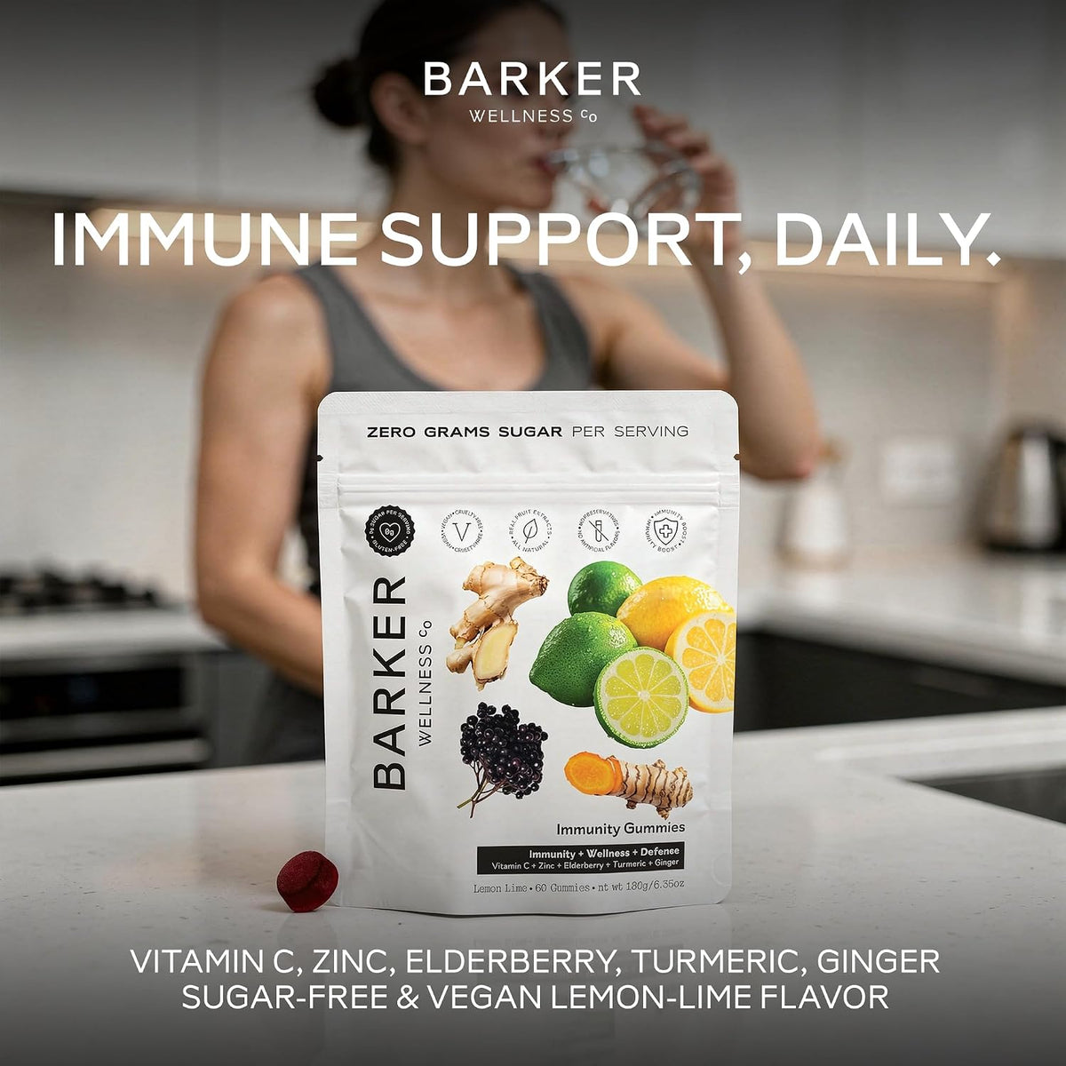Barker Wellness Immunity Gummies with Vitamin C, Zinc, Elderberry, Turmeric & Ginger – Vegan, Sugar-Free, Lemon-Lime – 60 Gummies - görsel 3