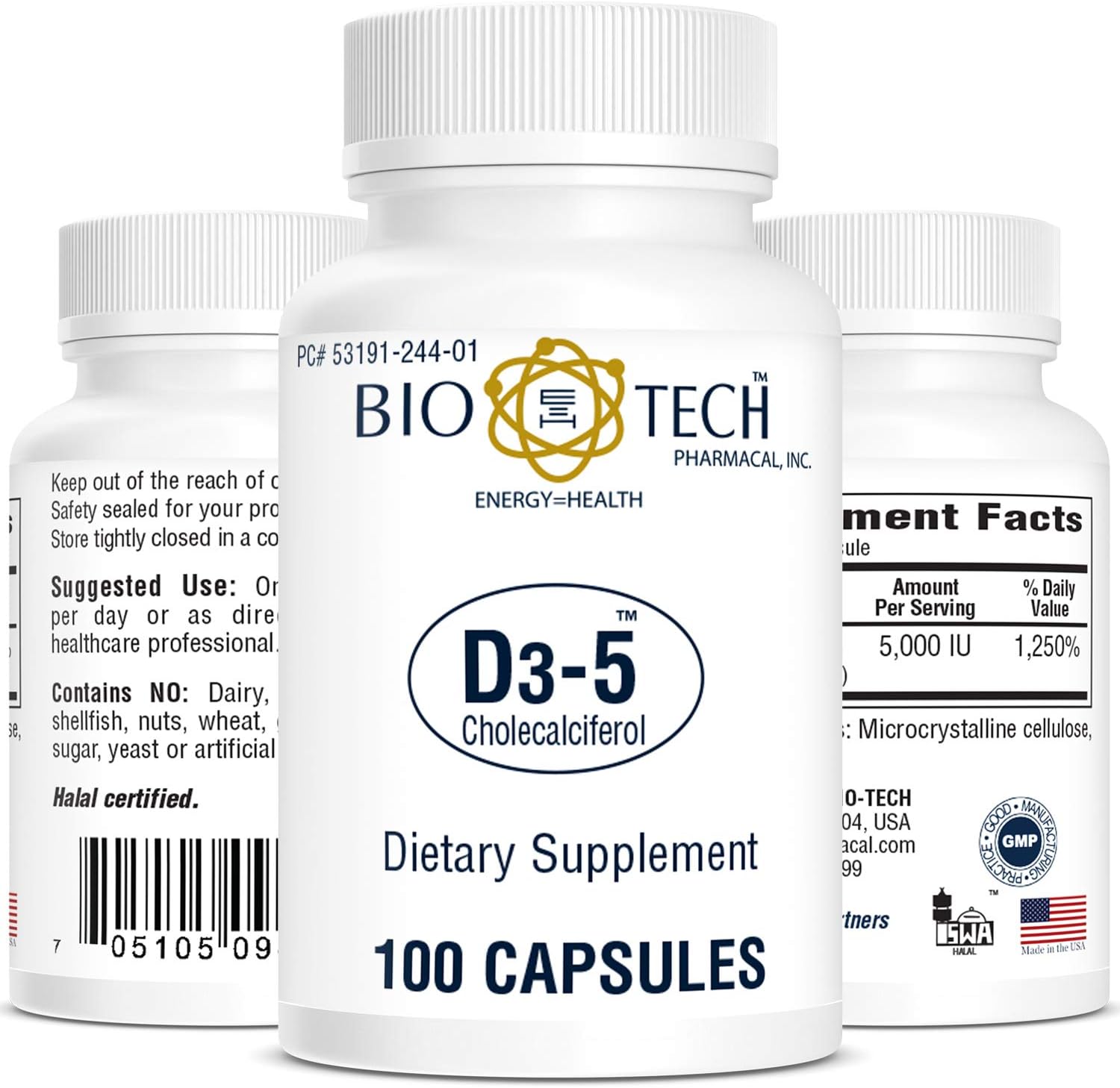 Bio-Tech Pharmacal Vitamin D Food Supplement, 5000 IU, 100 Capsules - görsel 1