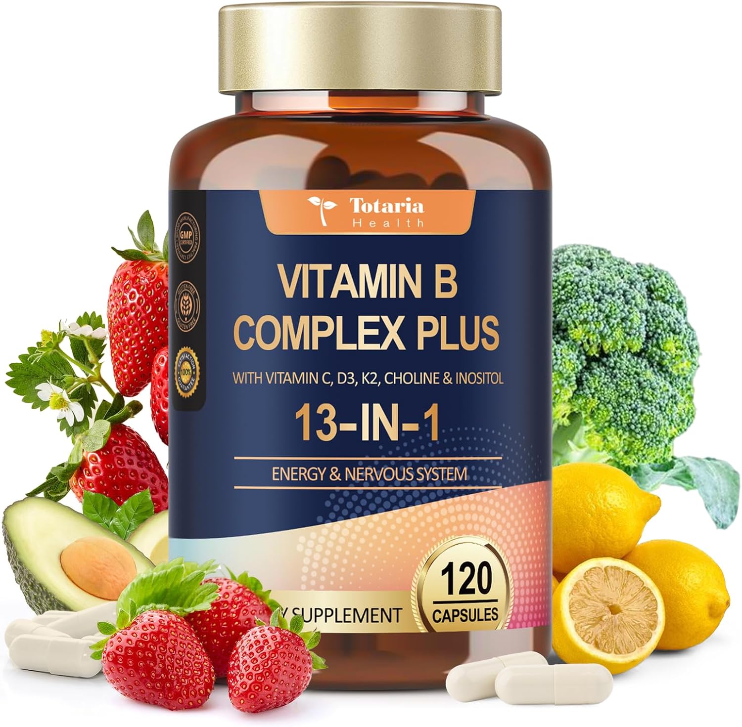 13-in-1 Vitamin B Complex Plus with B1, B2, B3, B4, B5, B6, B7, B8, B9, B12, C, D3, K2 - 120 Capsules (2-Pack) - görsel 9