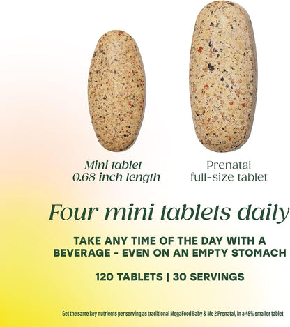 MegaFood Baby & Me 2 Antenatal Multi Minis - Antenatal Vitamins for Women with Choline & Methyl Folate - Gluten-free, Vegetarian, Pre Natal Multivitamin for Women – 120 Minis Tablets, 30 Servings
