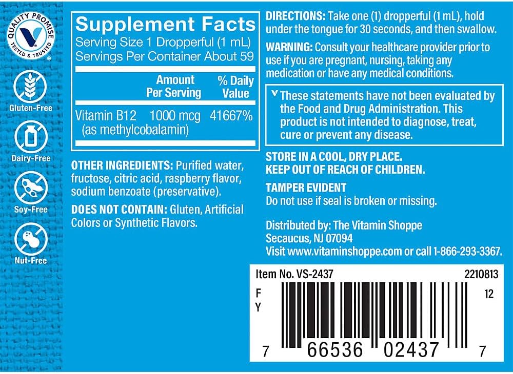 The Vitamin Shoppe Liquid B12 Methylcobalamin 1000 µg - Raspberry Flavour Drops, 60 ml - görsel 2