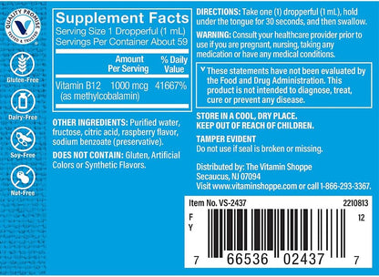 The Vitamin Shoppe Liquid B12 Methylcobalamin 1000 µg - Raspberry Flavour Drops, 60 ml