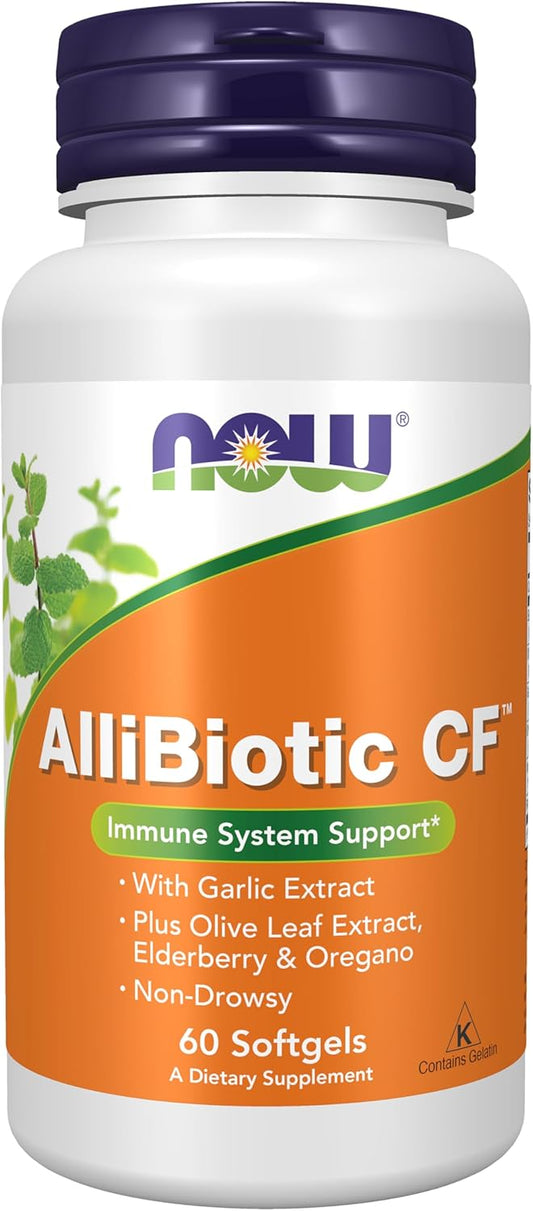 NOW Supplements, AlliBiotic CF, Herbal Blend with Garlic, Elderberry, Olive Leaf & Oregano, 60 Softgels