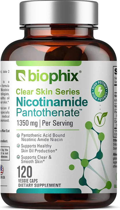 biophix B-3 Nicotinamide Pantothenate 1350 mg 120 Vcaps – Clear Skin Series B5 Pantothenic Acid Natural Flush-Free Nicotinic Amide Niacin – Supports Skin Cell Health