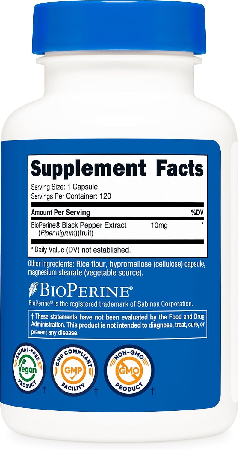 Nutricost Bioperine (Black Pepper Extract), 10mg Per Serving, 120 Capsules - Gluten-free - görsel 5