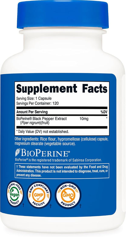 Nutricost Bioperine (Black Pepper Extract), 10mg Per Serving, 120 Capsules - Gluten-free