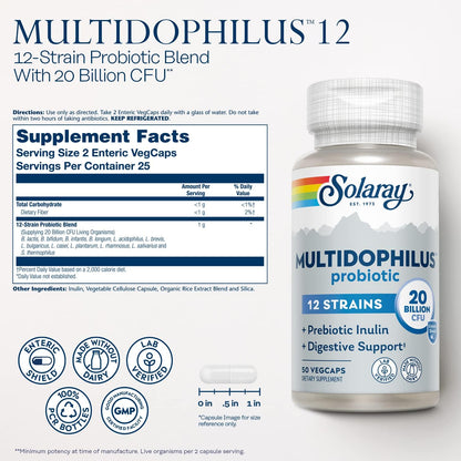 SOLARAY Multidophilus 12 Strain Probiotic 20 Billion CFU - Digestive Health & Gut Support with Prebiotic Inulin, Dairy-Free, 50 Enteric-Coated Veg Capsules