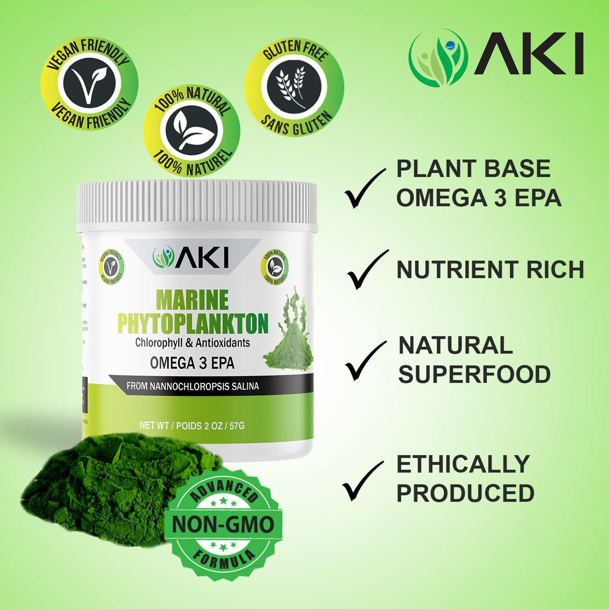 AKI Marine Phytoplankton Powder - Raw Omega-3 EPA from Microalgae, Vegan & Non-GMO (2 oz) - görsel 4