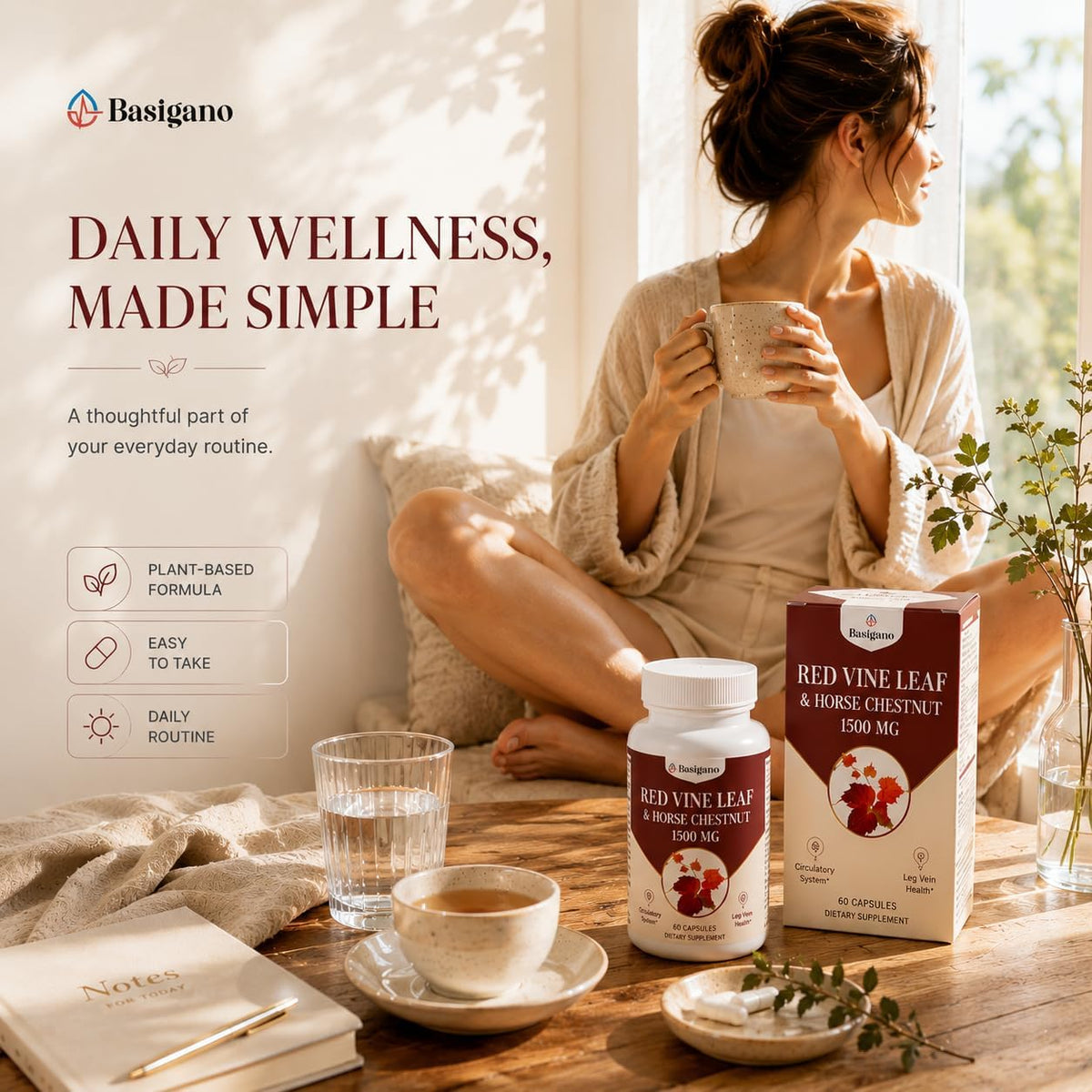 Basigano Red Vine Leaf & Horse Chestnut Extract Capsules 1500mg - Circulation, Vein, and Leg Support - görsel 5