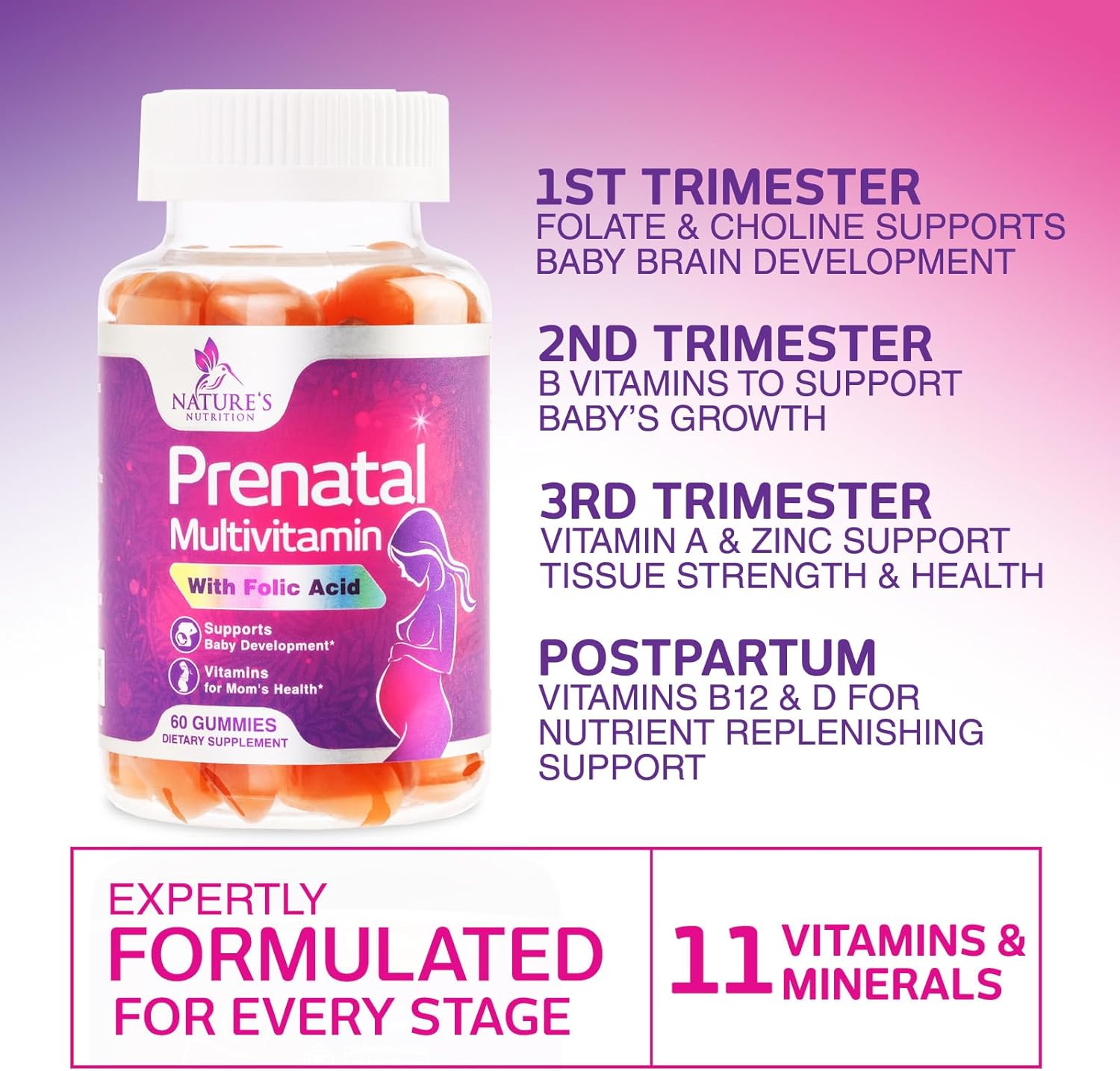 Prenatal Vitamins Gummies with Folic Acid and Choline - Nature's Nutrition, 60 Gummies - görsel 6