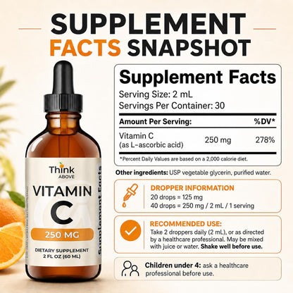 Think Above Liquid Vitamin C Drops - 250 mg L-Ascorbic Acid per Serving, 60 ml (30 Servings)