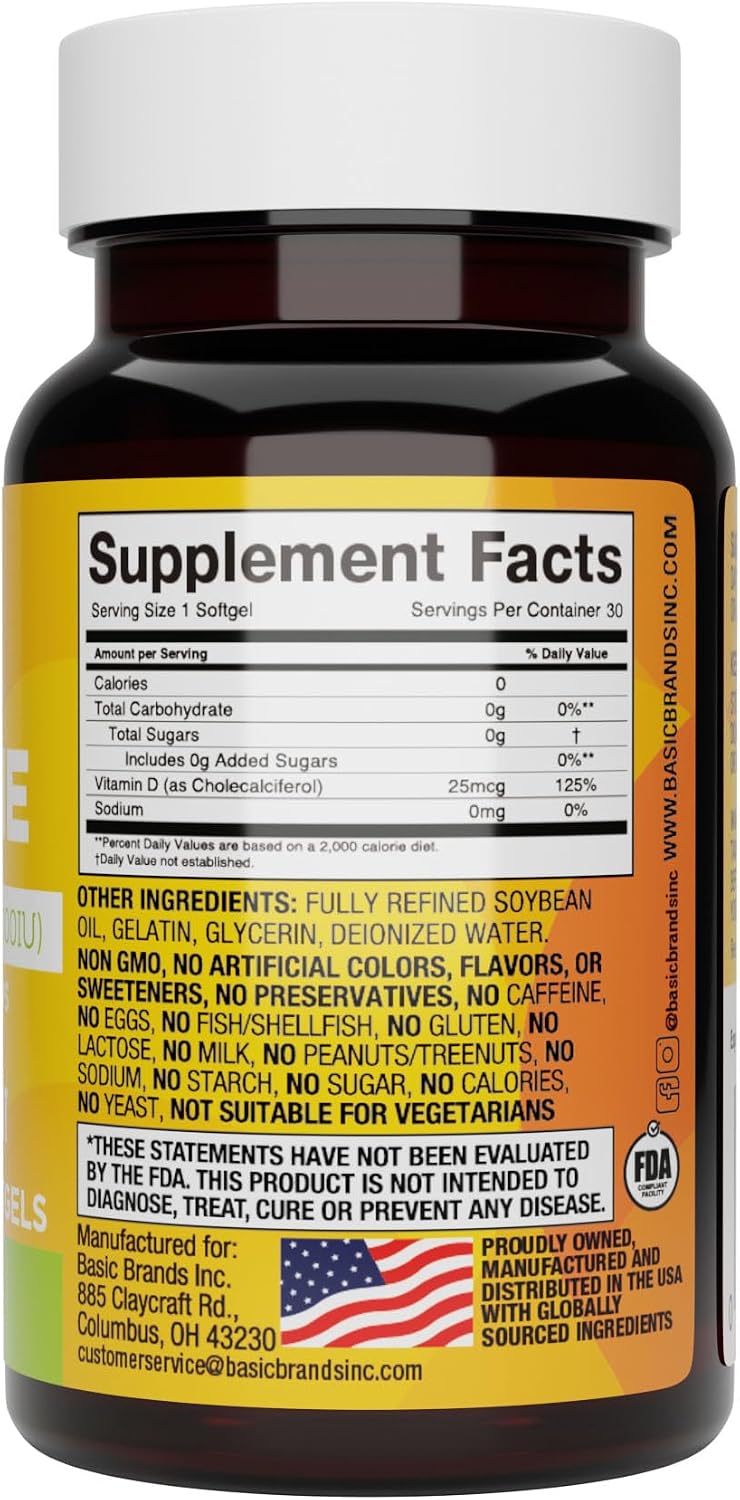 Basic Brands Happy Sunshine Vitamin D3 1000 IU (25 mcg) – Immune Support, Bone & Muscle Health – Gluten-free, Non-GMO – 30 Softgels - görsel 2