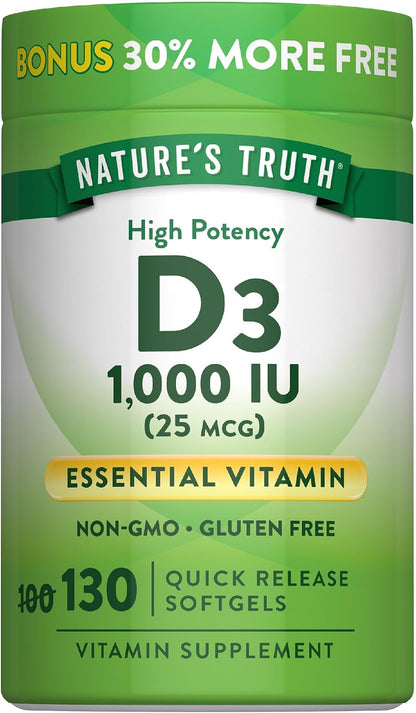 Nature's Truth Vitamin D3 1000 IU (25 µg) Soft Capsules – 130 Quick Release