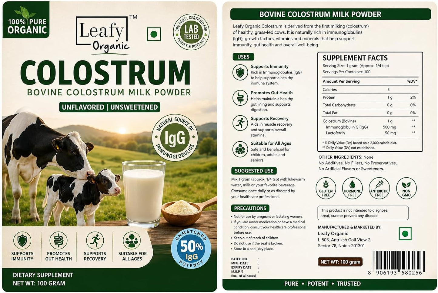 Leafy Organic Colostrum Powder Supplement – 100% Pure, Unflavoured, 100g – Gut Health & Immune Support - görsel 3