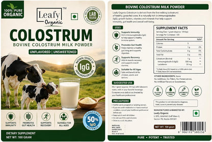 Leafy Organic Colostrum Powder Supplement – 100% Pure, Unflavoured, 100g – Gut Health & Immune Support