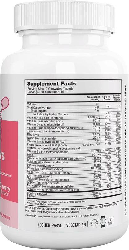 Nutri Supreme Prenatal Vitamin, Chewable Prenatal Vitamins for Women with Highly Absorbable Methyl Folate, Complete Prenatal Multivitamin with Iron, Kosher, Cherry Flavour, 90 Wafers