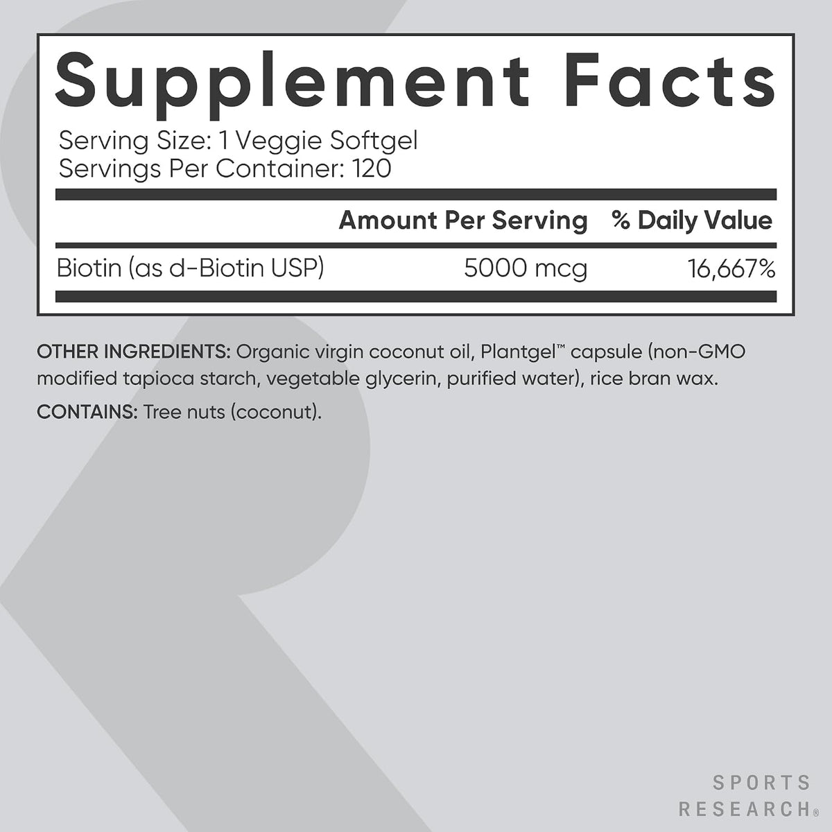Sports Research® Biotin 5000mcg with Organic Coconut Oil - Vegan, Non-GMO, 120 Softgels - görsel 5