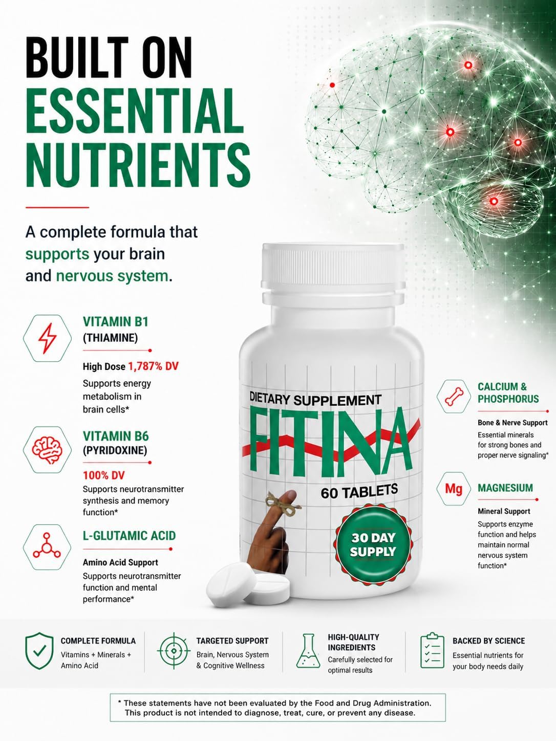 Fitina Brain Supplement with Vitamin B6 & Thiamine for Memory, Focus and Cognitive Support - görsel 3