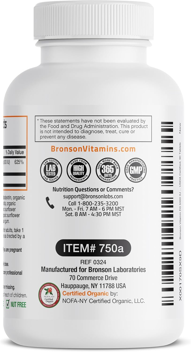Bronson Vitamin D3 5000 IU - Certified Organic Vitamin D Supplement, Non-GMO, 90 Tablets - görsel 6