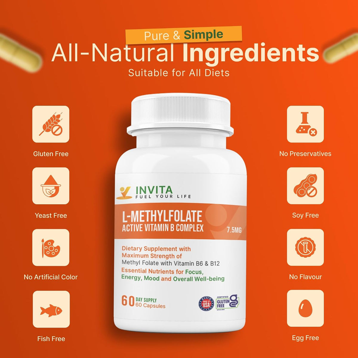 INVITA L-Methylfolate 7.5 mg + Active Vitamin B Complex – 60 Capsules - görsel 6