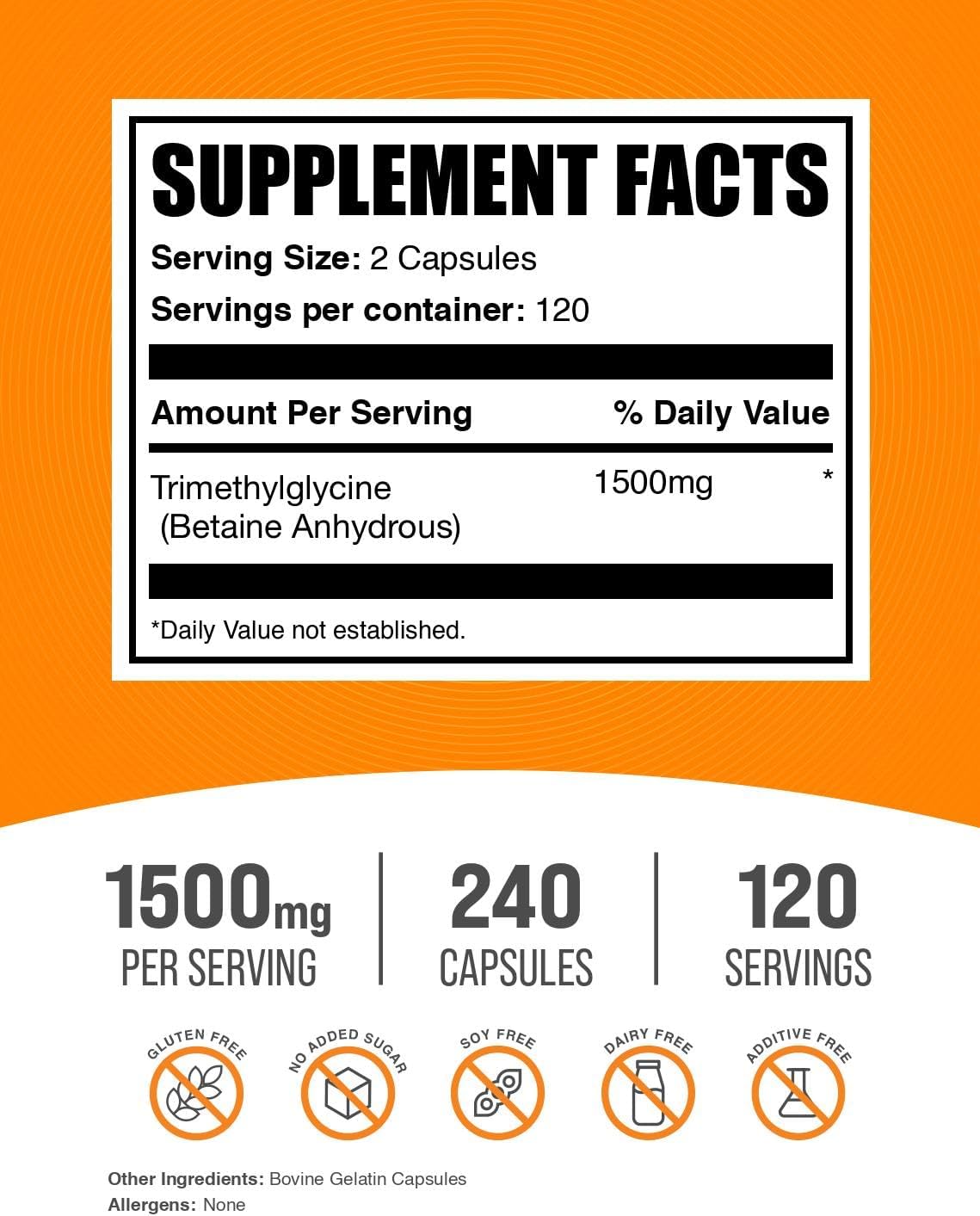 BulkSupplements.com TMG Capsules – Trimethylglycine as Betaine Anhydrous, 1500mg per Serving, 240 Capsules - görsel 2
