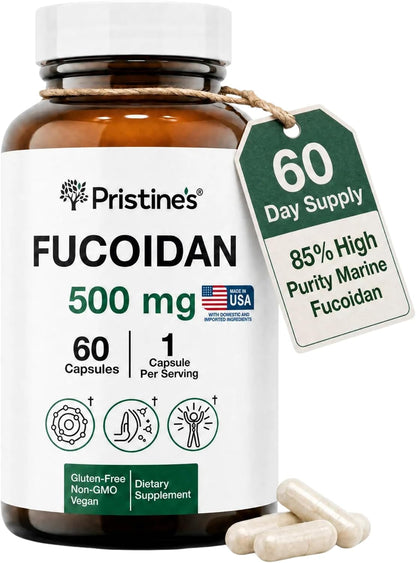 PRISTINE'S Fucoidan 500 mg Food Supplement Capsules – 60-Day Supply – Brown Seaweed Extract – Herbal Antioxidant for Respiratory and Skin Health Support