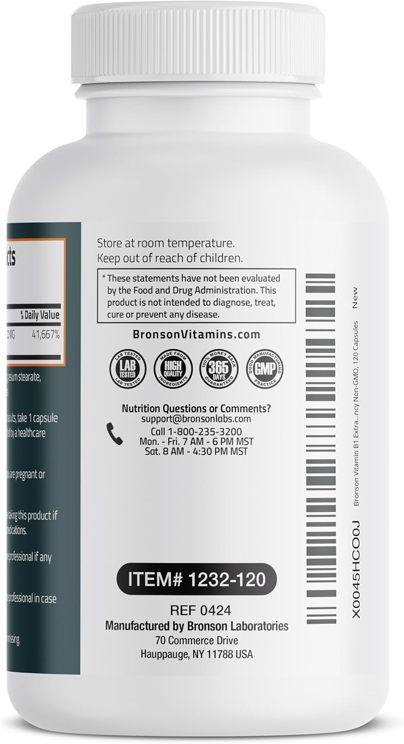 Bronson Vitamin B1 Extra Strength 500 mg – High Potency Thiamine Supplement, 120 Capsules - görsel 7