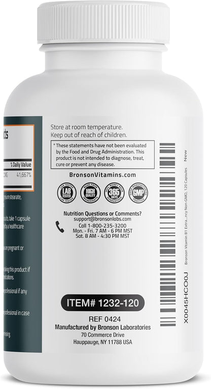 Bronson Vitamin B1 Extra Strength 500 mg – High Potency Thiamine Supplement, 120 Capsules