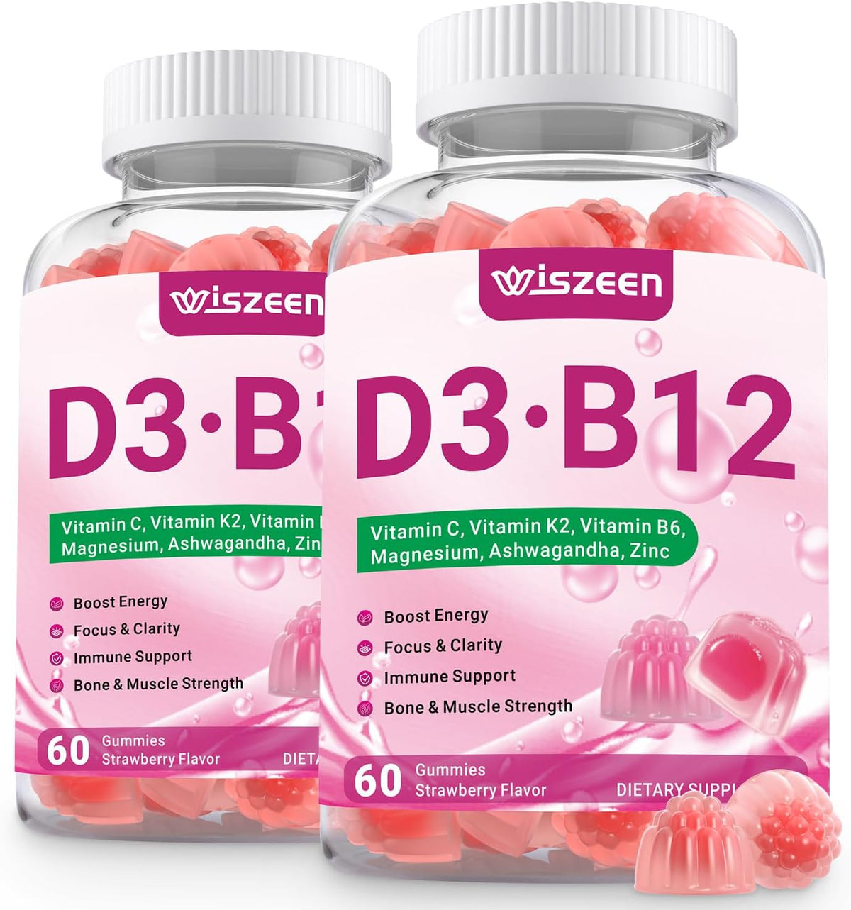 Wiszeen Vitamin D3 B12 Gummies, 10000 IU Vitamin D3 & 500mcg Methylated B12 for Adults, with Ashwagandha, Magnesium, Vitamin K2 for Immune and Energy Support - görsel 1