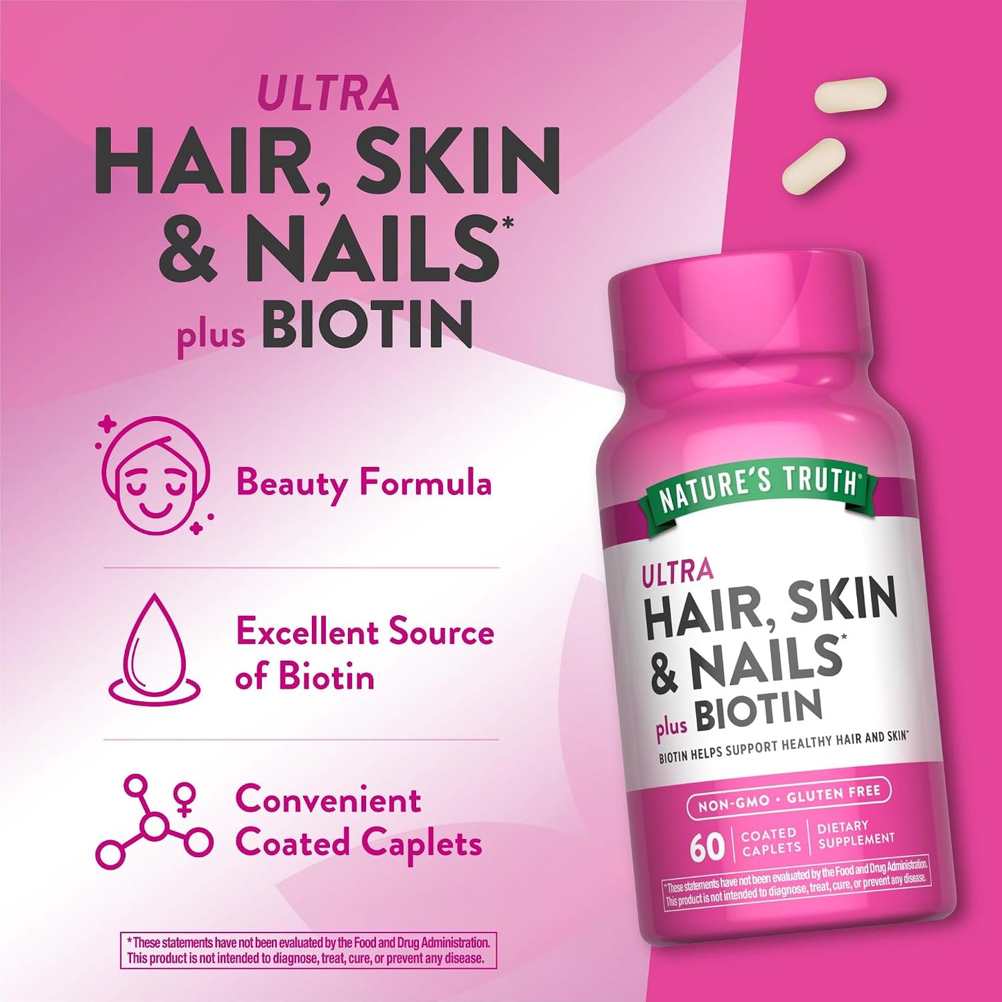 Nature's Truth Hair, Skin and Nails Supplement - 5000 mcg Biotin, 60 Caplets - görsel 5