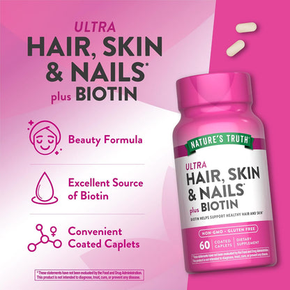 Nature's Truth Hair, Skin and Nails Supplement - 5000 mcg Biotin, 60 Caplets