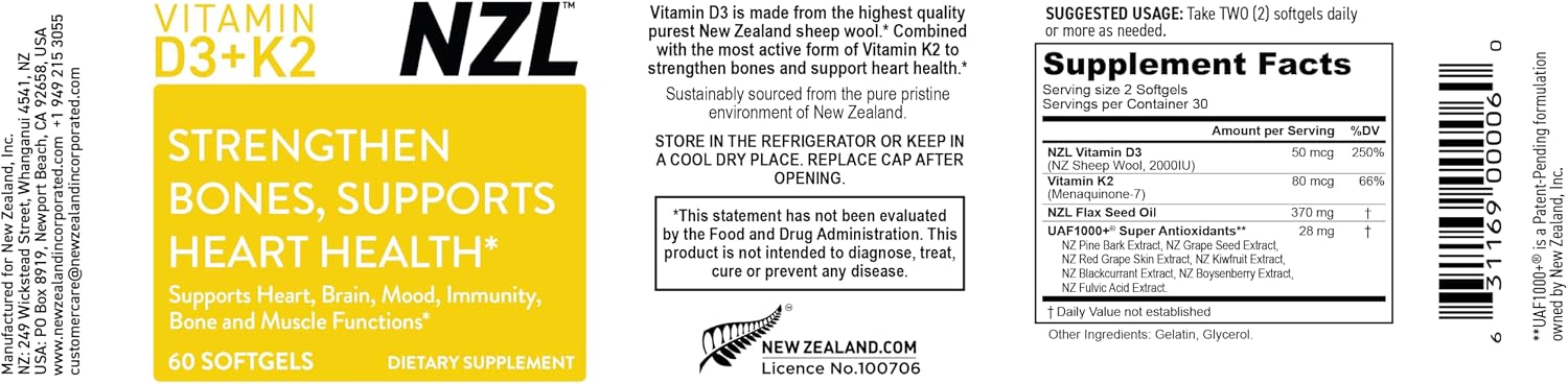 OMEGANZL Vitamin D3 & K2, 2000 IU D3 + 80 mcg K2 (MK-7), for Cardiovascular and Bone Health, 60 Softgels - görsel 2
