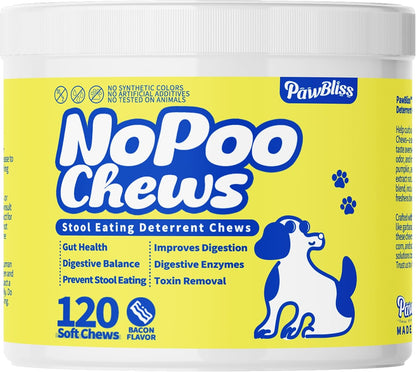 No Poo Chews for Dogs – Stop Poo Eating with Coprophagia Deterrent – Probiotic & Enzyme Soft Chews – Digestive & Breath Support – 120 Bacon-Flavoured Chews