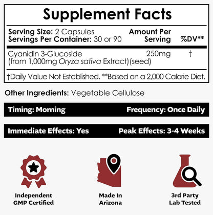 Nootropics Depot Cyanidin 3-Glucoside Capsules | 125mg | 180 Capsules | Black Rice Extract | C3G