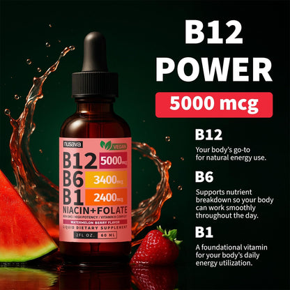 NUSAVA Vitamin B12 Liquid Drops 5000mcg – Sublingual B-Complex with B6, B1, Niacin, Folic Acid – Methylcobalamin for Energy & Immune Support – Vegan, Non-GMO, Watermelon (2 Pack, 60 ml)