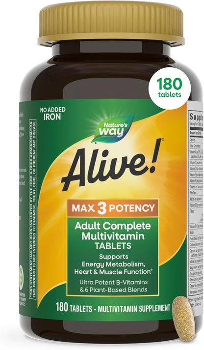 Nature's Way Alive! Max3 Potency Daily Multivitamin – High Potency with B-Vitamins, Orchard Fruits & Garden Vegetables Blend, 180 Tablets