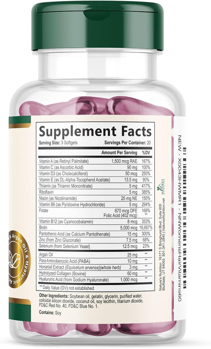 Nature's Nutrition Hair, Skin and Nails Vitamins - Biotin 5000mcg with Collagen, Argan Oil & Hyaluronic Acid - 60 Soft gel capsules