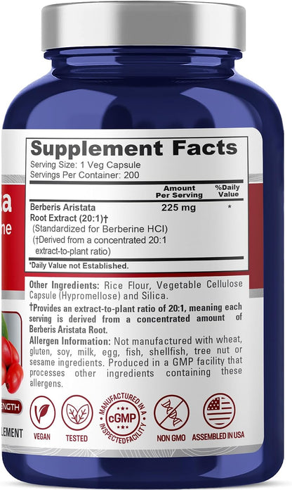 NusaPure Berberine HCl Capsules, 225 mg, 200 Veg Capsules (Non-GMO, Vegan)