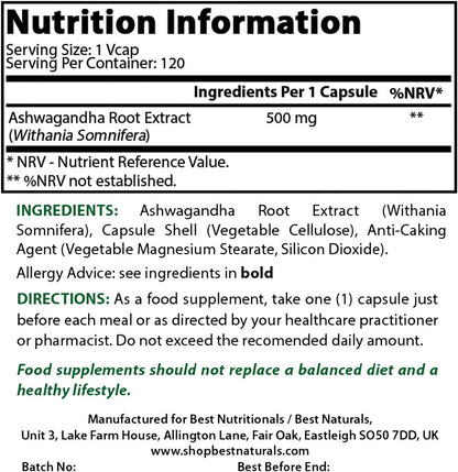 Best Naturals Ashwagandha 500 mg Capsules - 120 Vegetarian Capsules