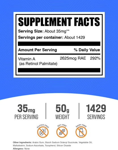 BulkSupplements.com Vitamin A Palmitate Powder - as Retinol Palmitate, Vitamin A Supplement for Immune & Eye Support - Gluten-free, 35mg per Serving, 50g