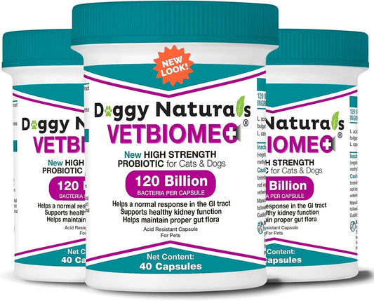 Vetbiome Plus High-Strength Probiotics for Pets - 120 Billion CFU, 9 Strain Formula - 120 Capsules (3 Pack)