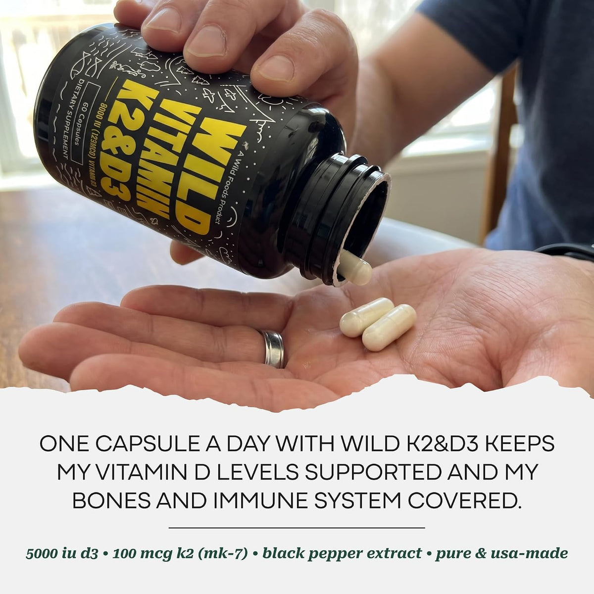 Wild Foods 5000 IU Vitamin D3 and K2 (100 mcg MK-7) with Black Pepper Extract, Plant-Based, Non-GMO, Soya & Gluten-Free, 60 Capsules - görsel 5
