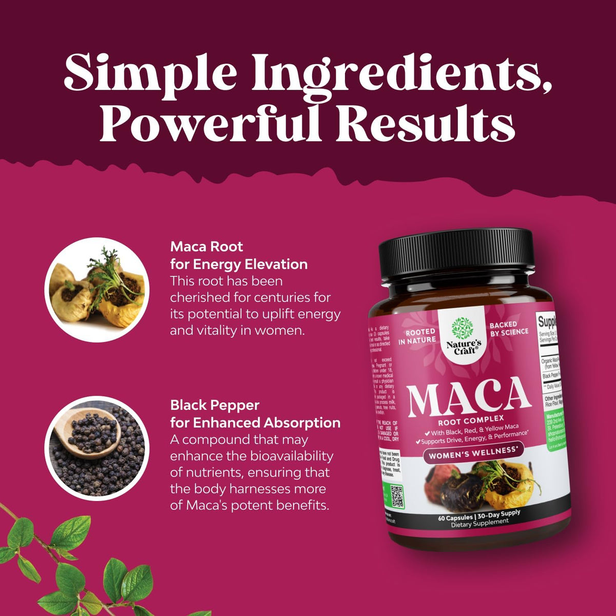 Maca Root Capsules for Women - Potent Herbal Supplement with Female Enhancing Blend of Red Yellow & Black Maca Root - Non-GMO Certified Vegan and Gluten-Free with No Artificial Colours - 60 Count - görsel 4