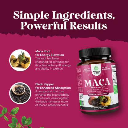 Maca Root Capsules for Women - Potent Herbal Supplement with Female Enhancing Blend of Red Yellow & Black Maca Root - Non-GMO Certified Vegan and Gluten-Free with No Artificial Colours - 60 Count