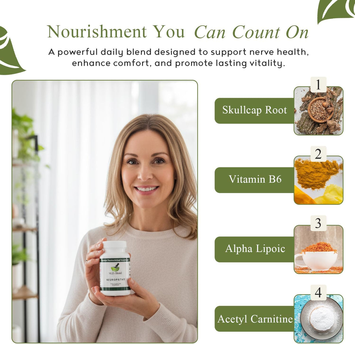 Neuropathy - Natural Blend for Nerve Support: Alpha Lipoic Acid, Acetyl L-Carnitine, Vitamins B6 & B12, Skullcap Root, 30 Capsules - görsel 4