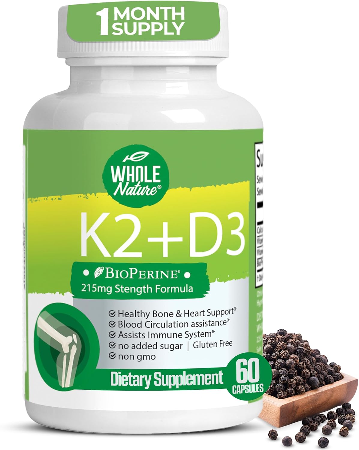 Whole Nature Vitamin D3 K2 Supplement with BioPerine - 5000 IU D3 + K2 MK-7 for Bone and Heart Support - 60 Vegan Capsules - görsel 1
