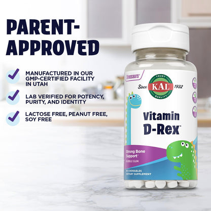 KAL Vitamin D-Rex Chewable - Children's Vitamin D3 400 IU, Bubblegum Flavour, 90 Chewables