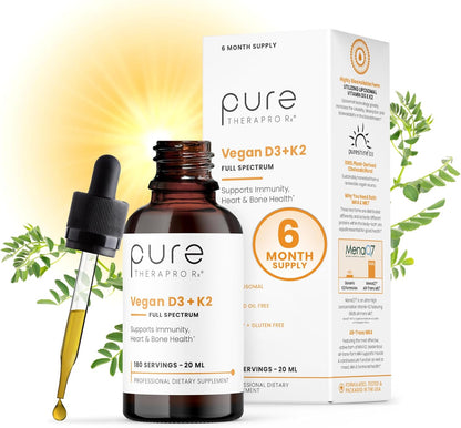 Pure Therapro Rx Vegan D3 + K2 Organic 100% Liposomal 20ml - Maximum Absorption Vitamin D3 and K2 Supplement for Men and Women, D3 5000 IU