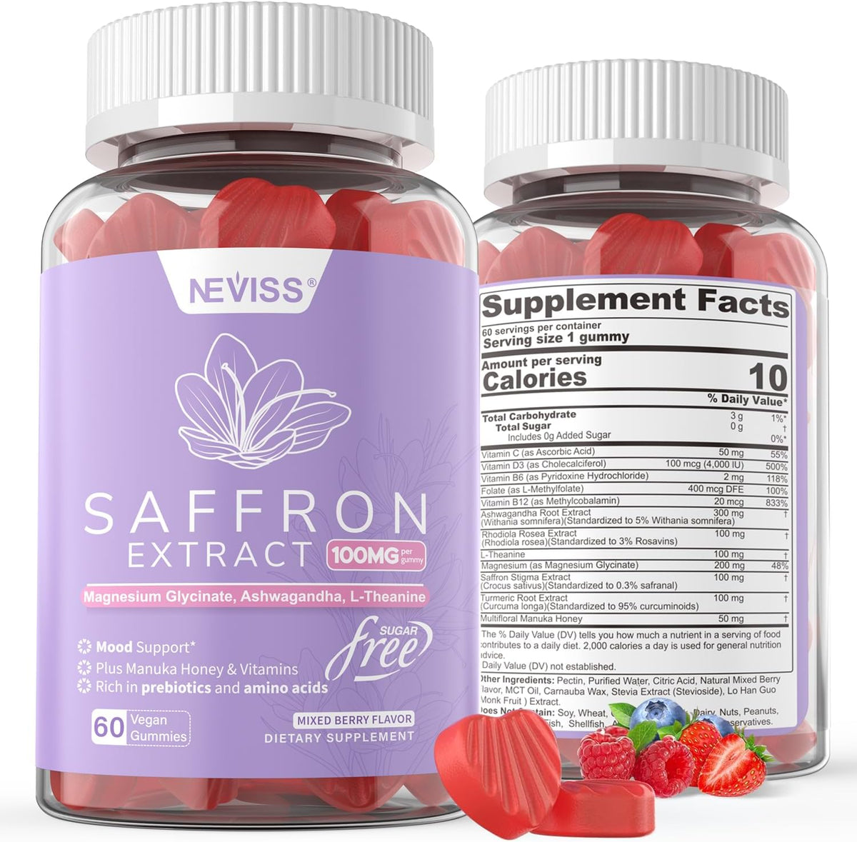 Saffron Supplement Gummies 100mg – 100% Pure Saffron Extract with Magnesium Glycinate, L-Theanine, Turmeric, Ashwagandha, Honey & Vitamin B Complex for Mood, Energy, Antioxidant Support and Vitality – 120 Gummies - görsel 1