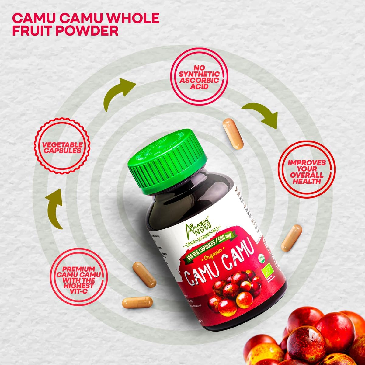Amazon Andes Camu Camu Capsules 500mg - Pure Vitamin C from Peru - 100 Vegetarian Caps - görsel 3